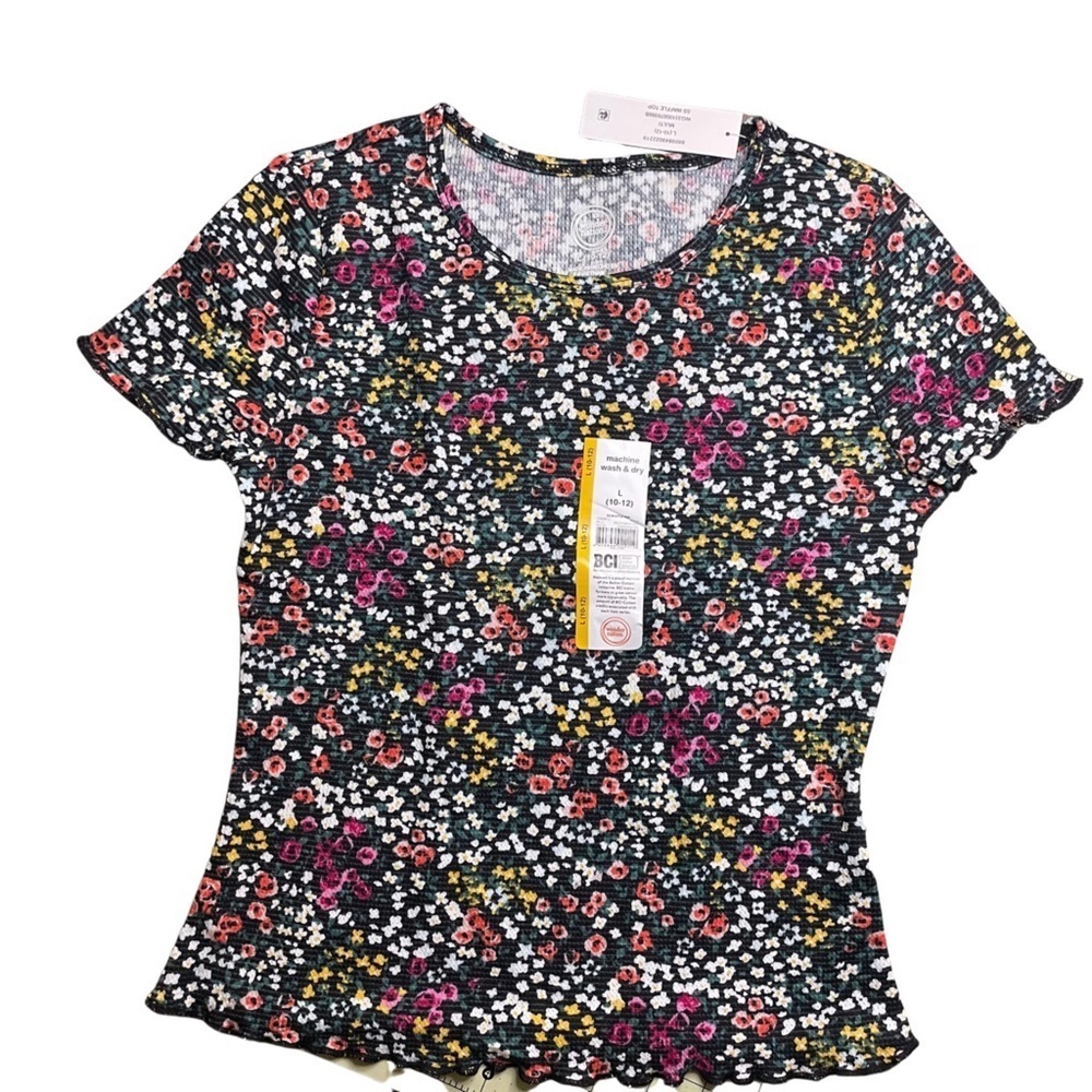 Wonder Nation 10/12 Girls Black Floral ribbed shirt NWT